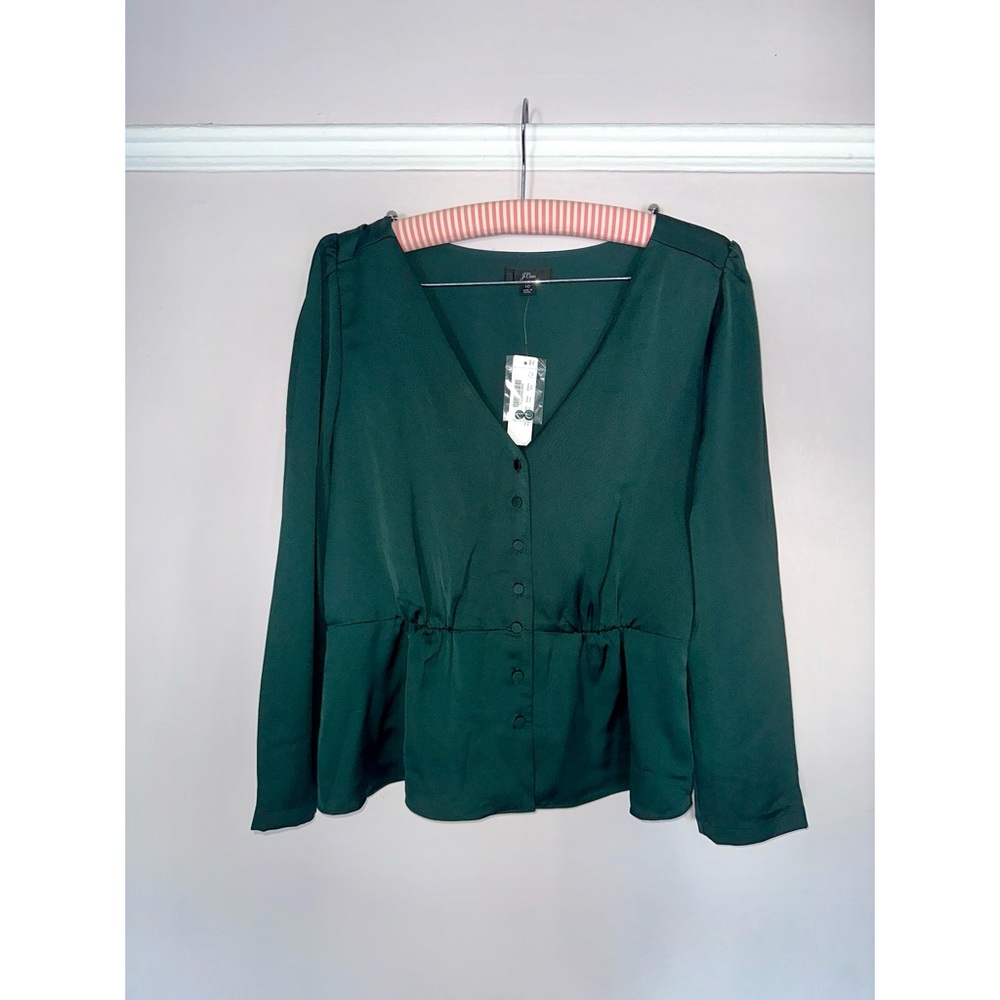 J. Crew Green Peplum Button Up Blouse
